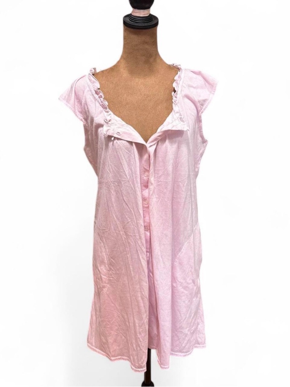 Pink White Candy Striper Ruffled Button-Front Nightgown Medium Cottagecore